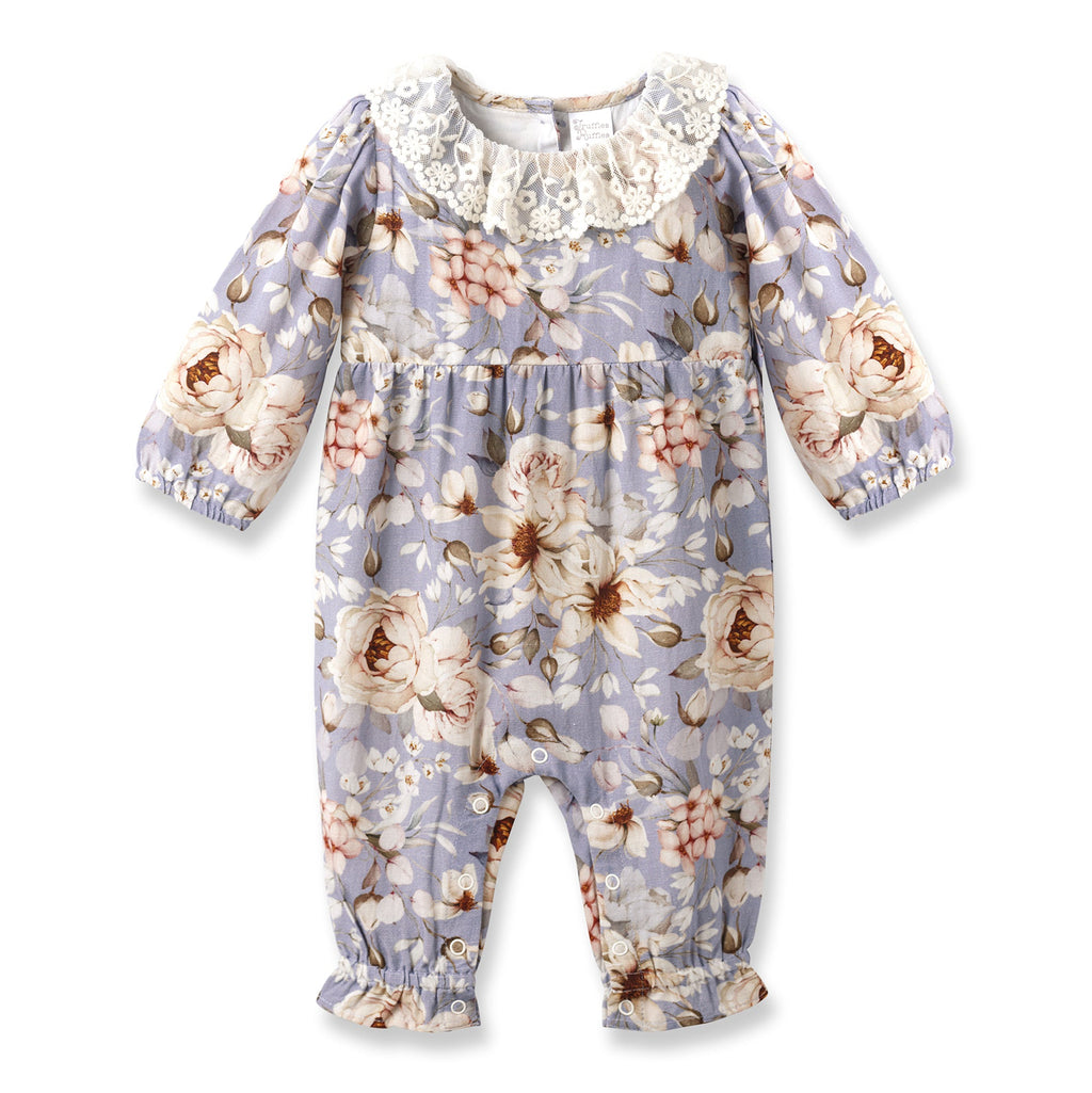 Blue Floral Vintage Linen Baby Romper With Lace Collar