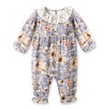 Blue Floral Vintage Linen Baby Romper With Lace Collar