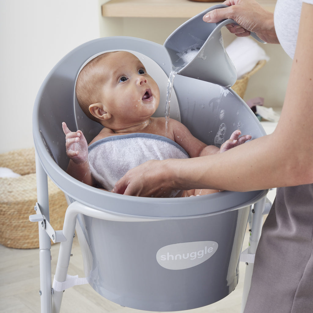 Baby Bathtime Essentials Bundle | Newborn Baby Bath with Support, Rinse Jug, and Ellie Bath Toy Scoop - Taupe