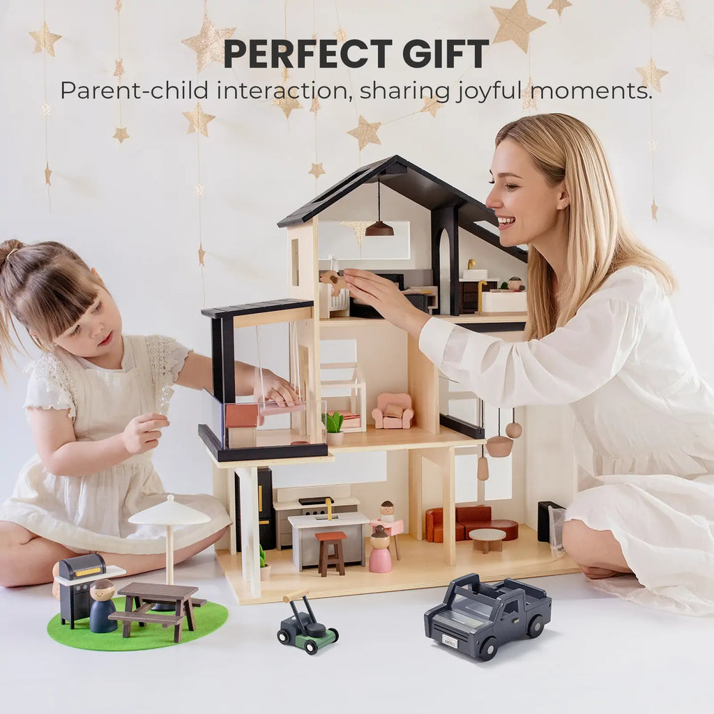 Sweet Family Gift Set: Black Dollhouse & Dollhouse Garage & Extra Dolls Set