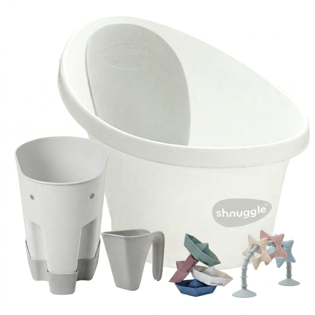 Shnuggle Newborn Bundle: Baby Bath & Accessories Bundle - 5-Piece Set | Cozy Support, Easy Cleanup & Sensory Fun