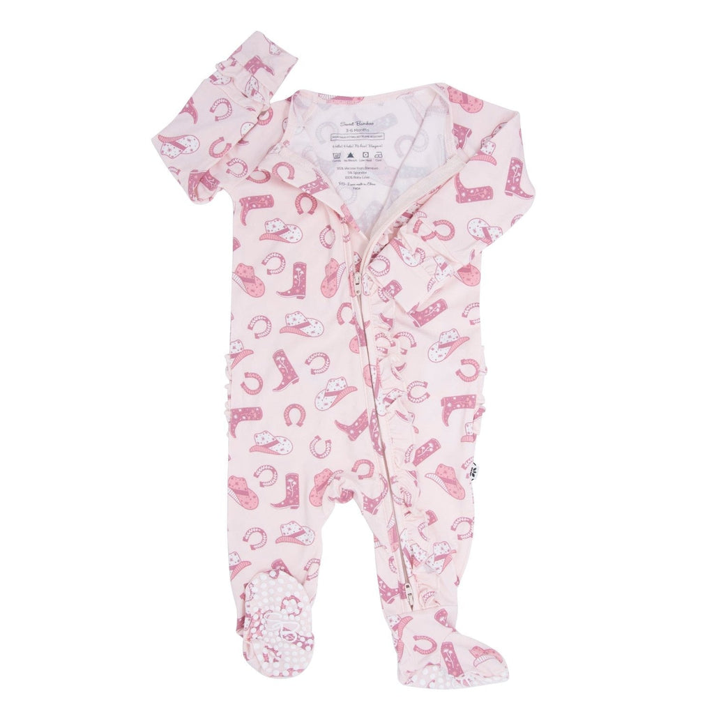 Pink Western Boots Ruffle Baby Footie