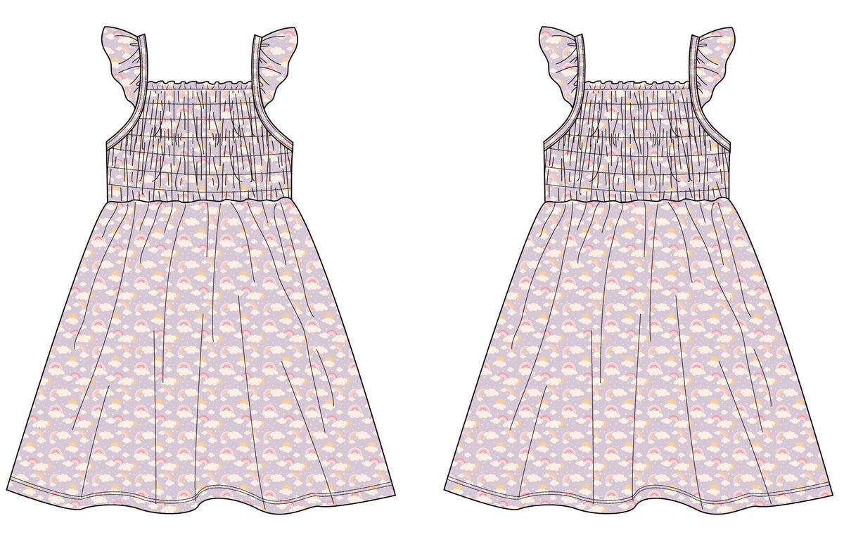 Lavender Rainbows and Clouds Smocked Vintage Dress
