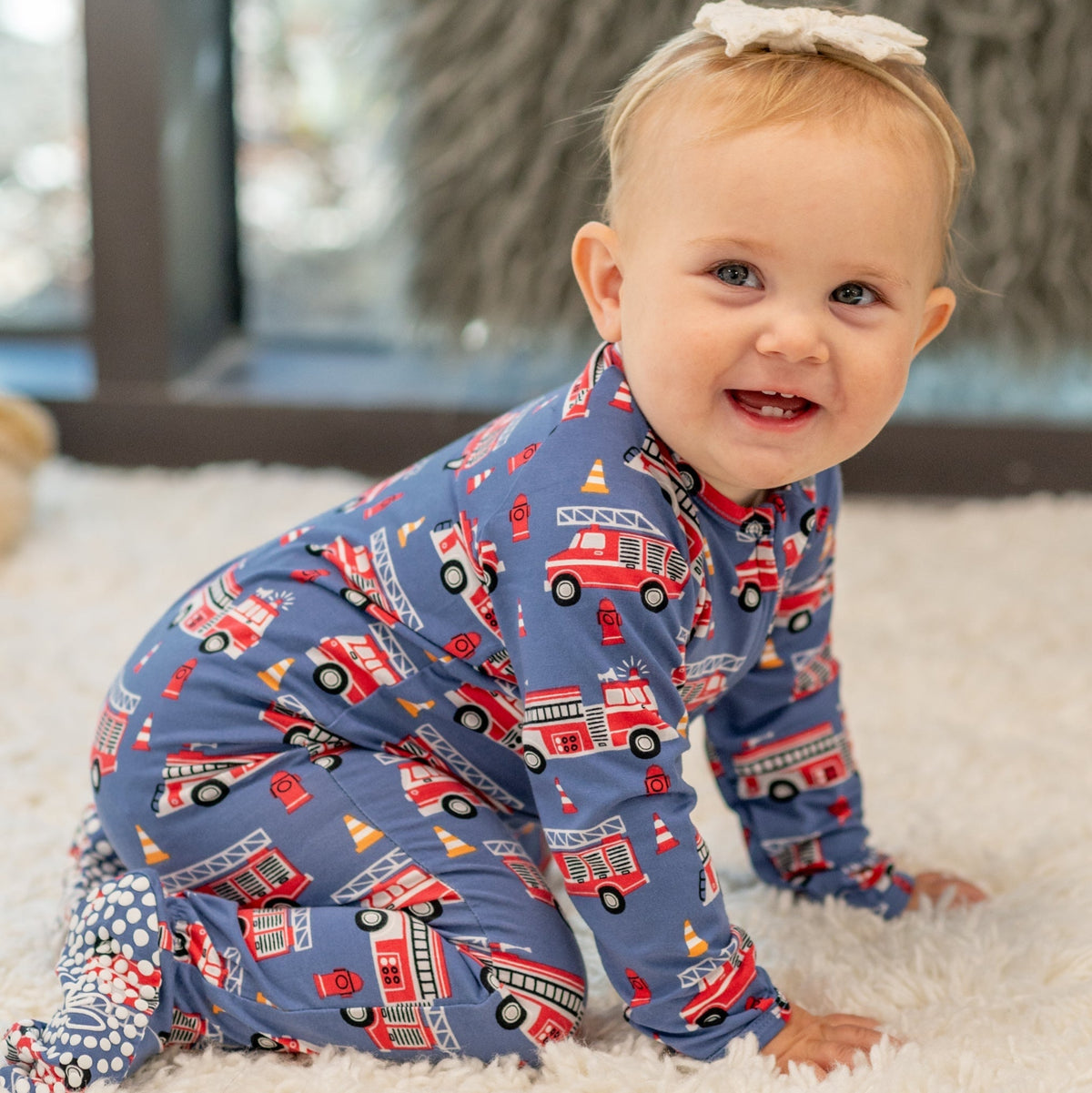 Blue Fire Truck Zipper Footie